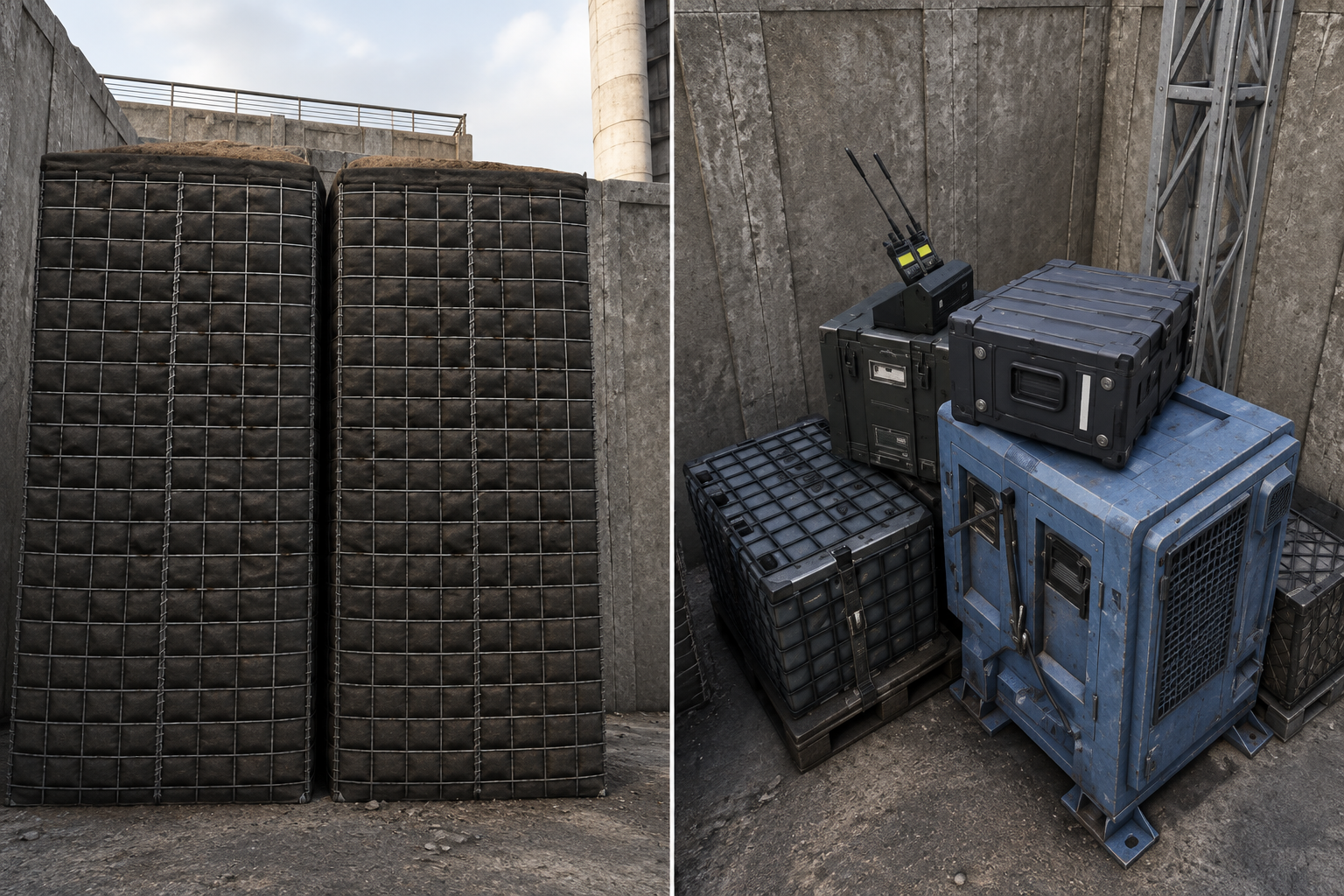 Video-referenced details: tall dark HESCO components on the left and compact blue FOB equipment with supply cases and mast on the right.