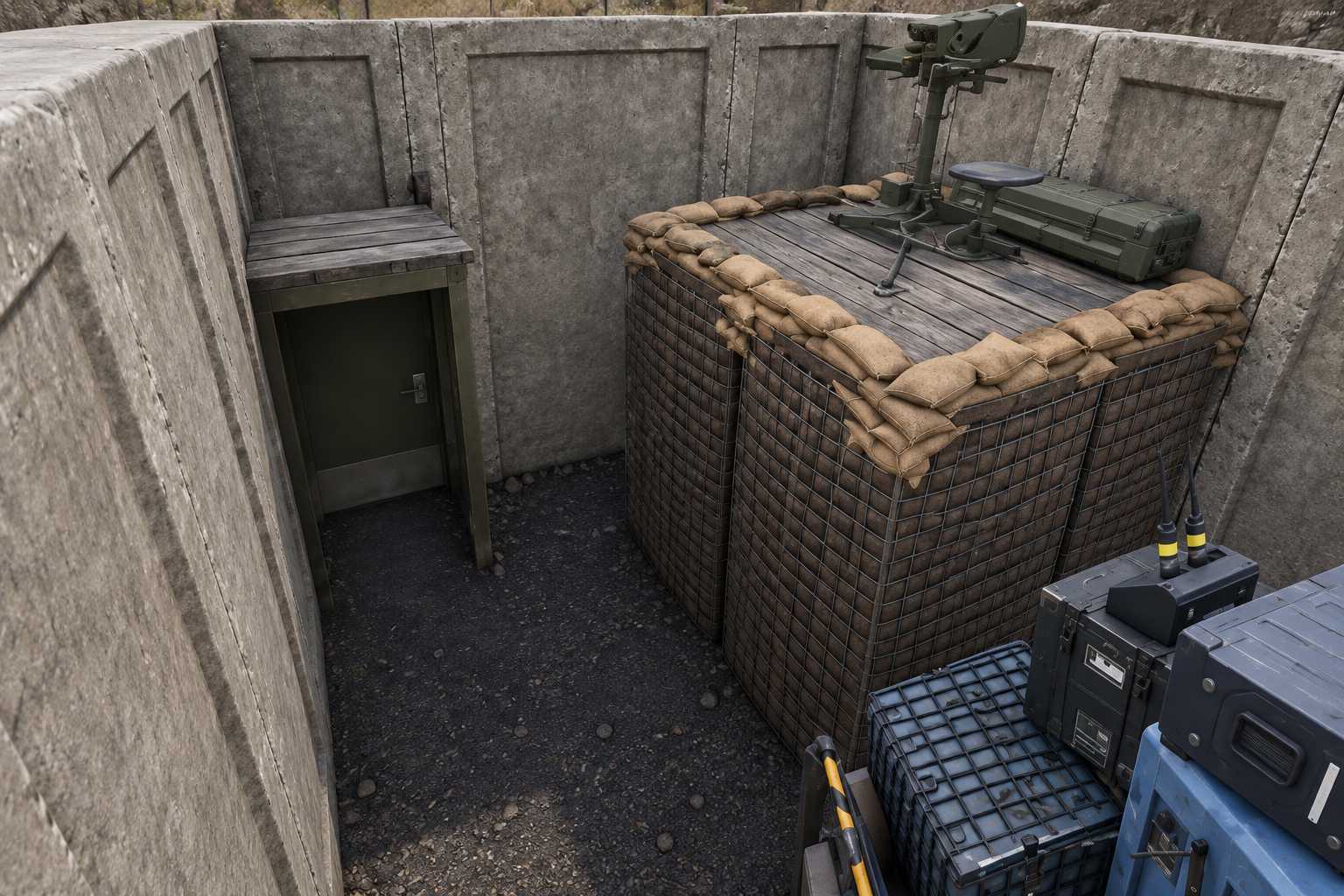 Reconstruction of the compact AA position: green door on the left, tall HESCO platform on the right and blue FOB service equipment in the foreground.